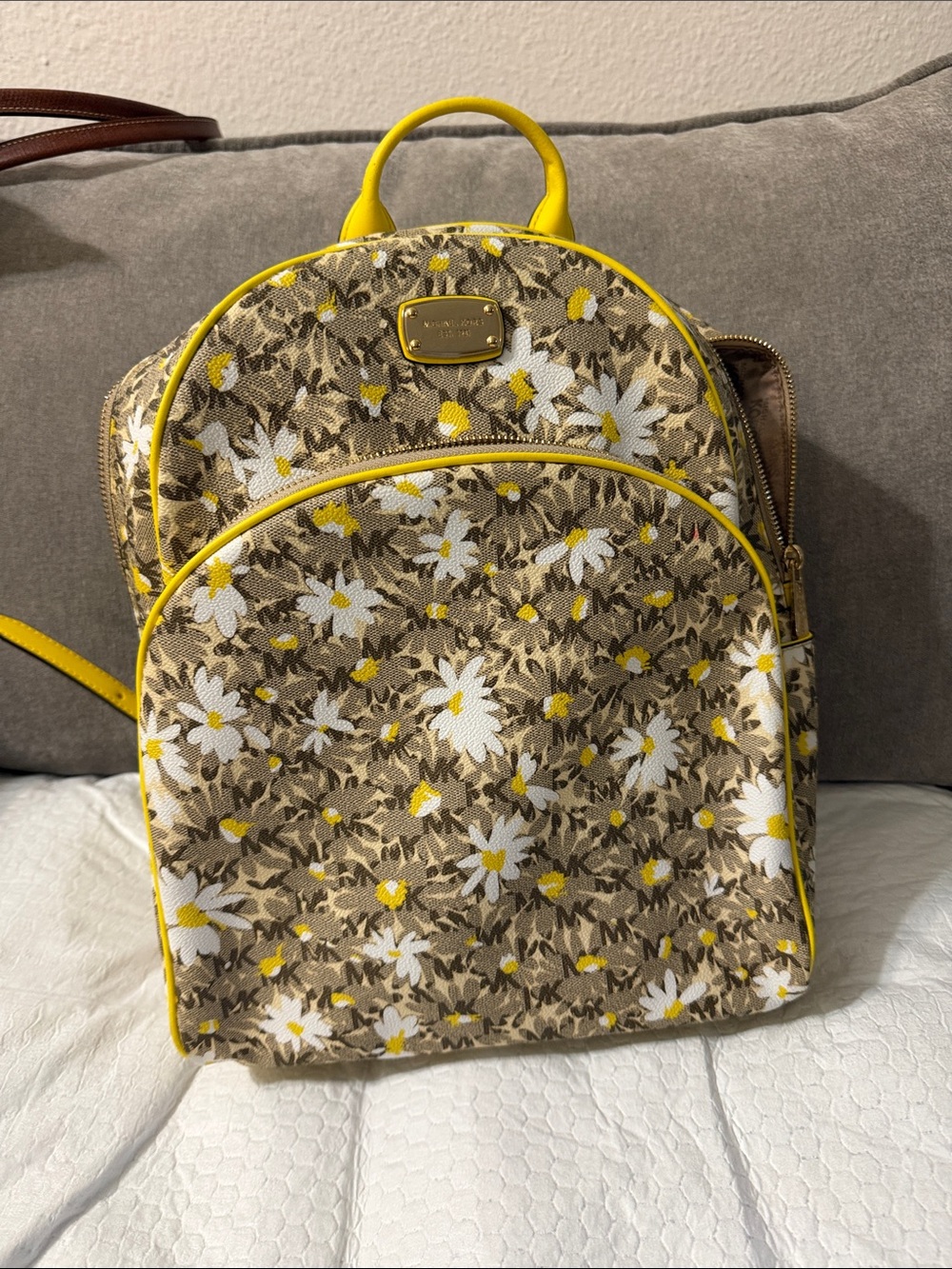Michael Kors Brown Floral Daisy-Print Backpack with Yellow Trim